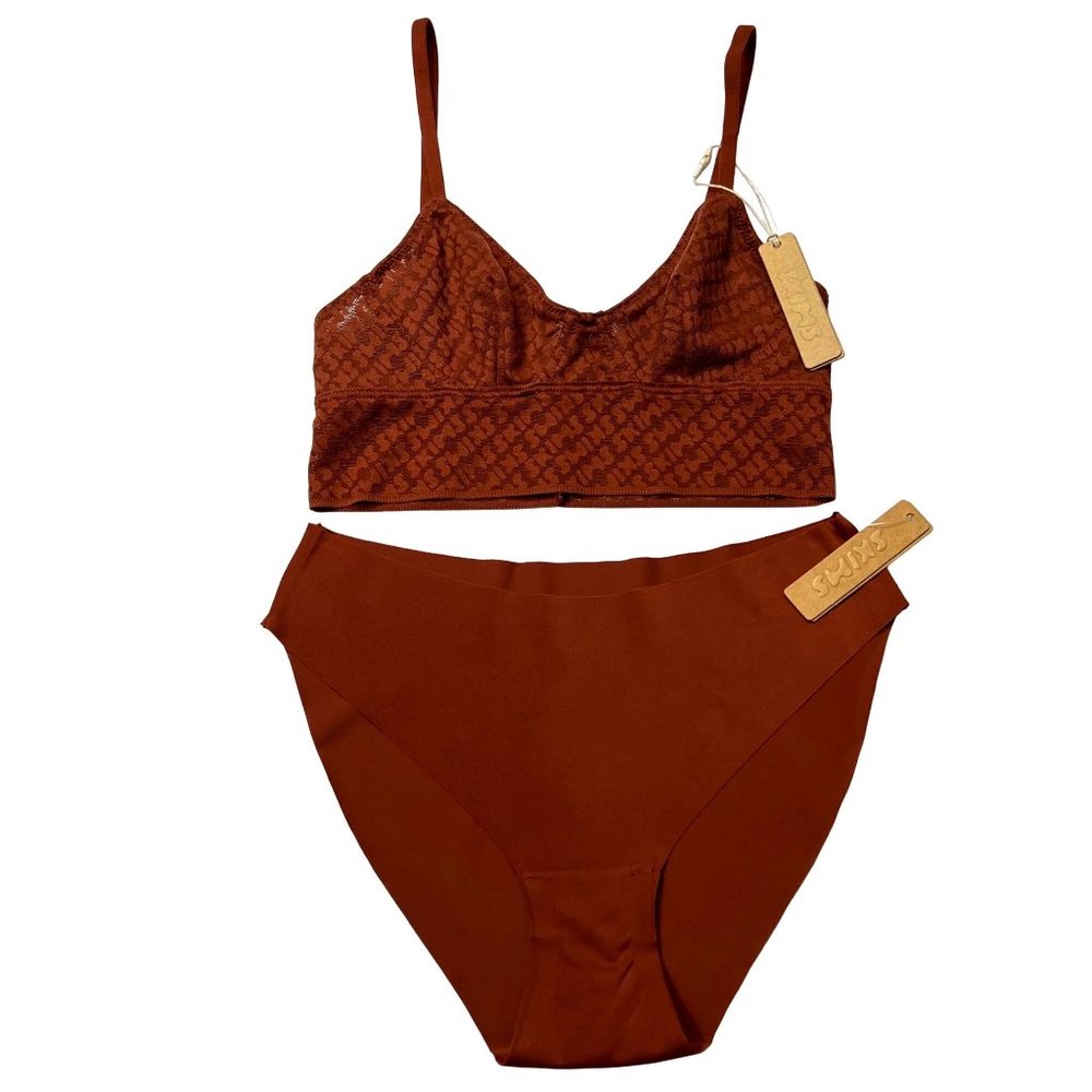 SKIMS Logo Mesh Triangle Bralette + Naked‎ Bikini Brief Saffron